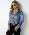 Elegant blue long sleeve satin shirt for women featuring V-neck and stylish front knot - Navy Blue