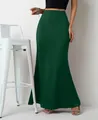 Elegant dark green satin maxi skirt for women with a high-waisted floor-length silhouette. - Dark Green