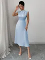 Elegant light blue satin midi dress featuring a pleated high neck and A-line silhouette - S / Top And Bottom / Blue