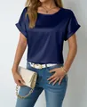 Elegante camicetta in raso a maniche corte blu navy con una finitura setosa da donna - Blu scuro