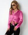 Hot pink satin long sleeve v-neck button up shirt with front tie knot detail for women - Hot Pink