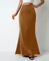 Elegant brown satin maxi skirt with a smooth glossy finish for women, spring style - Dark Brown