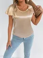 Detailed view of a luxurious champagne gold satin short sleeve blouse with flutter sleeves - S / Tops / Champagne