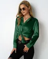 Elegant emerald green satin long sleeve shirt with front tie knot detail for women. - Dark Green