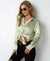 Elegant sage green satin long-sleeve shirt for women with stylish front-tie knot design - Light Green