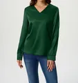 Elegante dunkelgrüne Satinbluse für Damen mit V-Ausschnitt und langen Ärmeln im Detail - S / Oberteile / Grün