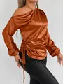Detail view of rust satin blouse with side ruching and off-the-shoulder neckline - S / Tops / Coffee