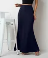 Elegant navy blue satin maxi skirt with high waist and silky finish for women - Dark Blue