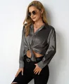 Elegant women's gray satin long sleeve v-neck shirt featuring a stylish front knot detail - Dark Gray