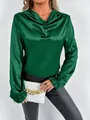 Detailed view of the dark green satin blouse featuring a cowl neck and ruffled cuffs. - S / Tops / Green