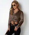Elegant brown satin long sleeve V-neck shirt for women with a stylish front tie-knot detail. - Camel