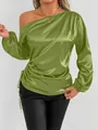 Elegant olive green satin off-shoulder blouse with long sleeves and adjustable drawstring hem - S / Tops / Green