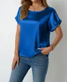 Elegante camicetta in raso blu reale a maniche corte da donna vestibilità comoda - Blu zaffiro