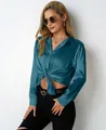 Chic teal blue satin long sleeve V-neck blouse for women featuring an elegant front tie knot - Malachite green