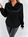 Elegant black satin cowl neck blouse featuring long sleeves with ruffled cuffs detail - S / Tops / Black