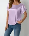 Elegante camicetta in raso color lavanda a maniche corte da donna, vestibilità ampia - Lavanda