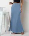 Elegant dusty blue high-waisted satin maxi skirt for women in a flowing silky fabric - Grey Blue