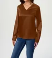 Elegant V-neck long sleeve satin blouse in caramel brown with a smooth silk finish - Dark Brown