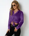 Elegant purple long sleeve satin v-neck blouse featuring a stylish tie-front detail - Purple