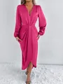 Close-up detail of a magenta satin long-sleeved maxi dress with elegant wrap V-neckline - XS / Top And Bottom / Rose Red