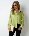 Elegant lime green satin long sleeve shirt with V-neck and loose fit for modern women - Olive