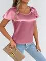 Detail of a premium pink satin short-sleeved blouse for women featuring a smooth silk-like sheen - S / Tops / Pink