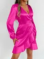 Detailed view of a fuchsia satin wrap dress with elegant ruffle hem and long sleeves - XS / Top And Bottom / Hot Pink