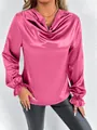 Close-up detail of smooth pink satin blouse featuring a cowl neck and ruffled cuffs - S / Tops / Pink