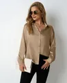 Elegant champagne satin long-sleeve blouse with V-neck and button-down loose fit design - Khaki