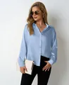 Elegant light blue satin long sleeve shirt for women with V-neck minimalist button-up design - Light Blue