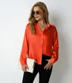 Elegant orange satin long-sleeve blouse for women featuring a V-neck and loose fit design - Orange