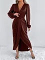 Elegant dark brown satin wrap maxi dress featuring long puff sleeves and a deep V-neckline - XS / Top And Bottom / Brown