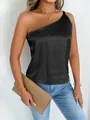 Elegant black satin one-shoulder top for women, perfect for summer stylish occasions. - S / Tops / Black