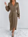 Elegant taupe satin V-neck long sleeve dress with waist pleats and front slit - XS / Top And Bottom / Khaki