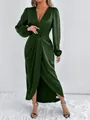 Close-up view of elegant dark green satin long-sleeved V-neck wrap dress. - XS / Top And Bottom / Army Green