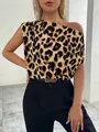 Detailed view of women's elegant leopard print satin blouse with draped shoulder - S / Tops / Brown