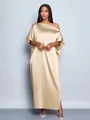 Elegant champagne gold satin maxi dress featuring a chic off-shoulder draped silhouette - S / Apricot