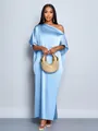 Elegant sky blue satin evening gown with one-shoulder design and gold handbag accessory - S / Blue