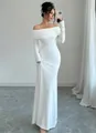 Elegant white off-the-shoulder bodycon maxi dress shown on a model in a minimalist room. - XS / Top And Bottom / White