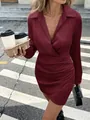 Detailed view of an elegant burgundy satin long-sleeved dress with waist pleats - S / Burgundy
