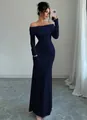 Elegant navy blue off-the-shoulder tight maxi dress perfect for spring evening parties - XS / Top And Bottom / Navy Blue