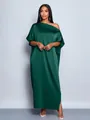 Elegant dark green satin maxi dress with asymmetrical off-shoulder and side slit detail - Dark Green