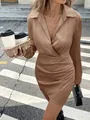 Detail view of satin long-sleeve dress with elegant waist-slimming pleats in mocha - XS / Khaki