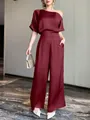 Elegant burgundy satin asymmetric one-shoulder jumpsuit with wide-leg trousers look - S / Top And Bottom / Burgundy