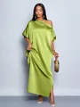 Elegant lime green satin one-shoulder maxi dress with a lustrous silk-like finish - Green