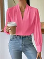 Elegant pink satin V-neck blouse for women with a silky sheen and relaxed fit styling - Pink