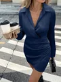 Elegant navy blue satin long-sleeved mini dress with wrap V-neck and ruched waist detail. - XS / Dark Blue