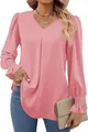 Elegant pink satin V-neck blouse featuring stylish smocked flare sleeves for women - Pink