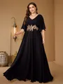 Elegant plus size black V-neck evening gown featuring exquisite gold floral embroidery - Black