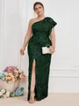 Eleganter One-Shoulder-Abendkleid in Dunkelgrün mit Pailletten und hohem Schlitz. - 0XL / Oberteile / Dunkelgrün